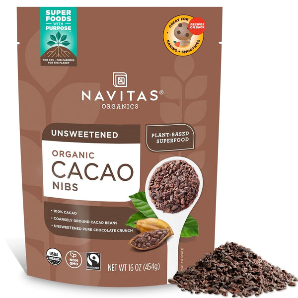 Navitas Organics Cacao Nibs Unsweetened Dark Chocolate Crunch Antioxidants, Minerals, Fiber For