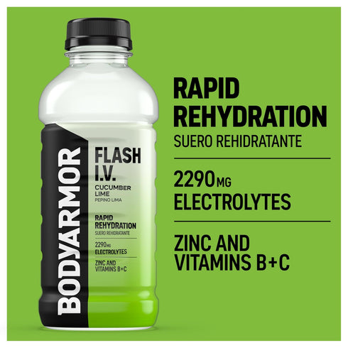 20 Oz (Pack 12) BODYARMOR Flash I.V. Electrolyte Beverage, Cucumber Lime, Hydration Drink with Coconut Water For Rapid