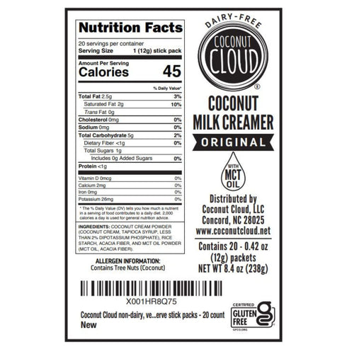 Coconut Cloud Dairy-Free Coffee Creamer, Minimally Processed, Vegan, Gluten Free, Non-GMO, 20 Sticks