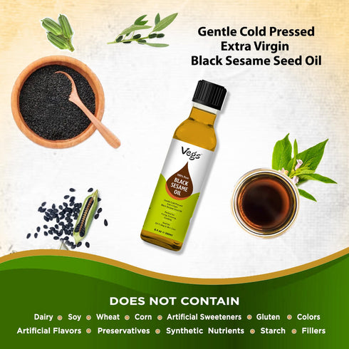 100% 8.4 oz Vegs Black Sesame Oil - Pure Organic Cold-Pressed Extra Black Sesame Seed Oil for Cooking, Skin, Hair