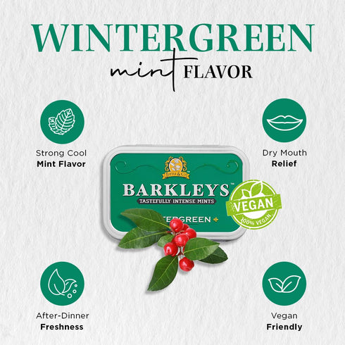 Barkleys Wintergreen Breath Mints - Strong Wintergreen Flavor Cool Mint Candy For Party, After Dinner, Wedding, Every Day Use - Vegan Breath Mints In Reusable Classic Travel Tins - 50-count, 6-Pack