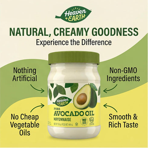 15 oz (2 Pack) 0g 0g Heaven & Earth Pure Avocado Oil Mayonnaise, | Keto Friendly | Net Carbs, Sugar | No Canola Oil, No