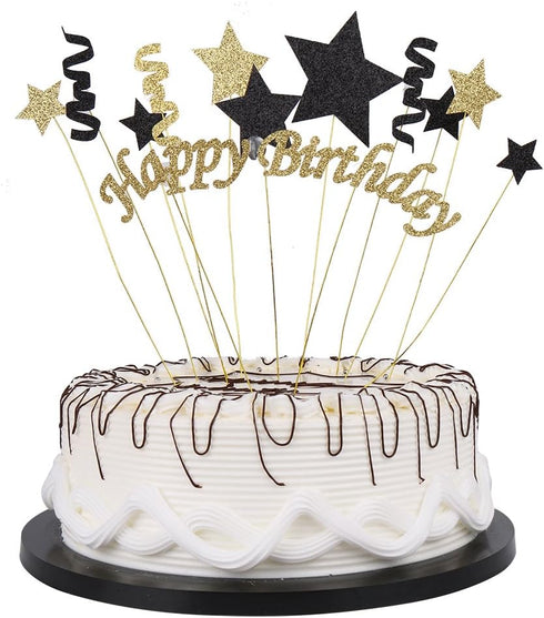 Handmade Black and Gold Glitter Pentacle Cake Toppers, Happy Birthday Cake Bunting Topper Paper Decoration