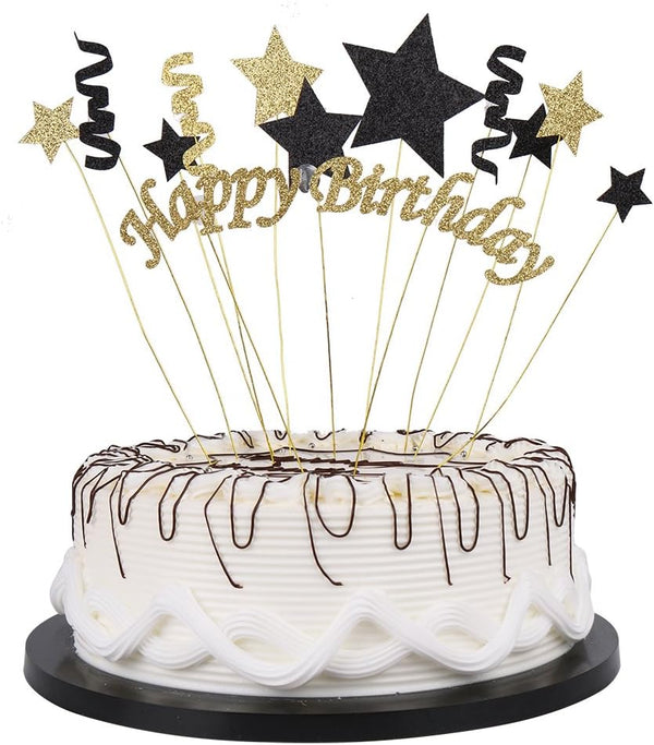 Handmade Black and Gold Glitter Pentacle Cake Toppers, Happy Birthday Cake Bunting Topper Paper Decoration