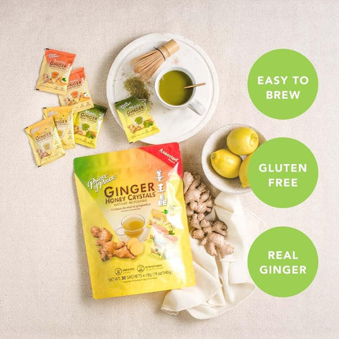 30 pack 2 Prince of Peace Instant Ginger Honey Crystals Assorted (Lemon, Turmeric, Matcha), Sachets - of Instant Hot