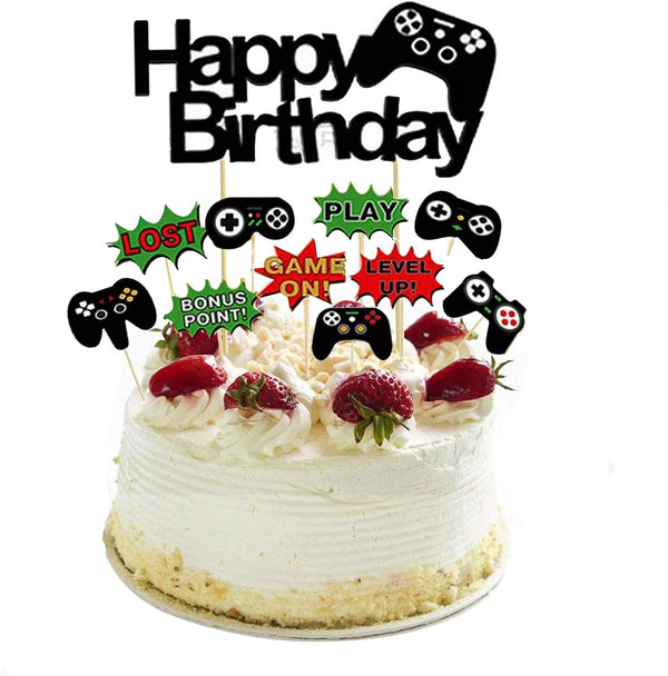 11 Pcs Video Game Happy Birthday Cake Toppers Set - Game Controllers Cupcake Decorations Picks for Kids or Man Party