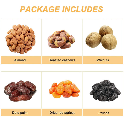 6 KWOLYKIM Premium Nut & Dried Fruit Gift Basket - Gourmet Compartments: Prunes, Dates, Apricots, Cashews, Almonds