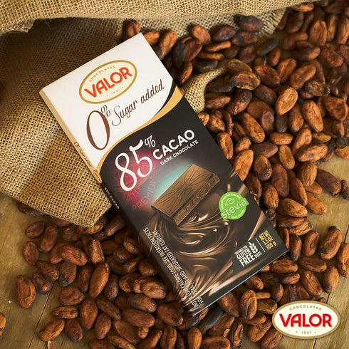 85% 100g (3.53oz). Pack 3. Valor. Cocoa Dark Chocolate. No sugar added.