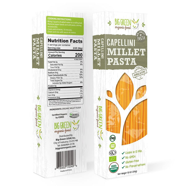 Big Green Organic Food- Organic Millet Capellini, Gluten-Free, Lectin-Free, Non-GMO, Vegan, 6g