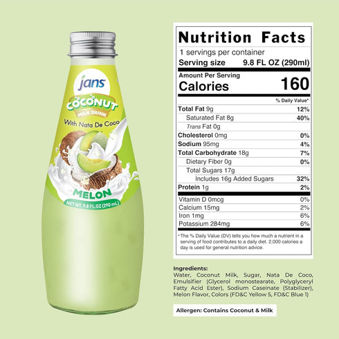 9.8 OZ (Pack 12, JANS - COCONUT MILK DRINK (with NATA DE COCO) MELON of Melon)