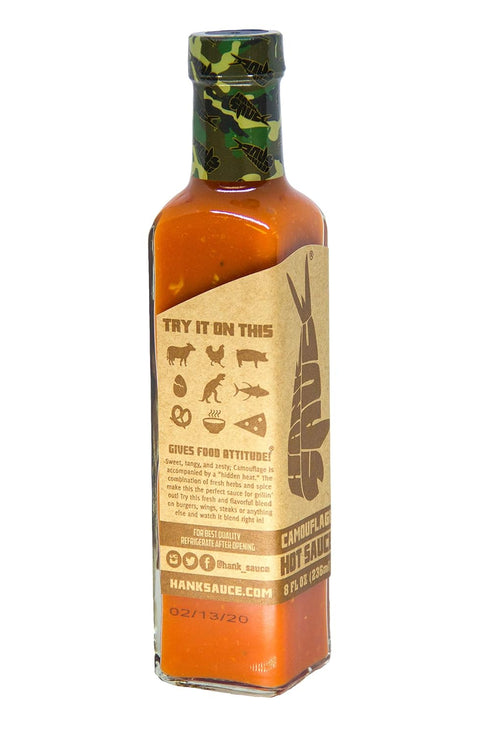 Hank Sauce Camouflage Hot Sauce - Versatile Hot Pepper Sauce with Fresh Cilantro, Garlic & Aged Peppers - Hot Garlic Sauce with Mild Heat & Unique Flavor - Multipurpose Wing Sauce - 2 x 8 Ounces