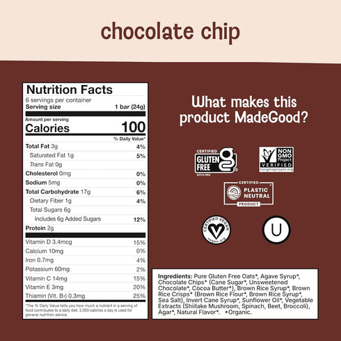 6 0.85 oz MadeGood Chocolate Chip Granola Bars, Healthy Snack Bars, Each