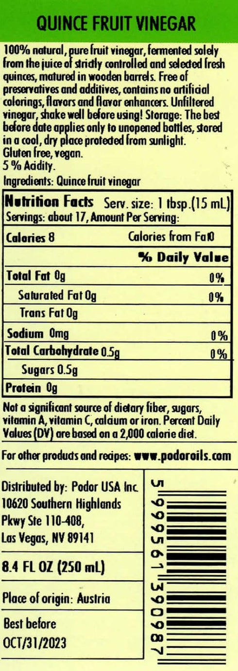 8.4 Oz. 100% PDR Premium Quince Vinegar - fl. - Natural, Aged in Oak Barrels, Fermented, Unfiltered, Vegan