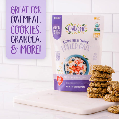 1lb Oatsome Organic Rolled Oats, Bag Gluten-Free, Whole Grain Oats for Oatmeal, Baking, & Granola