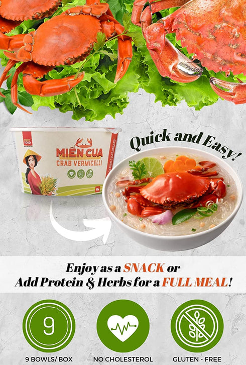 9 55g SIMPLY FOOD Instant Crab Glass Noodles (Min Cua) - BOWLS/ each Chewy, Clear Glass Vermicelli Noodles in a Seafood