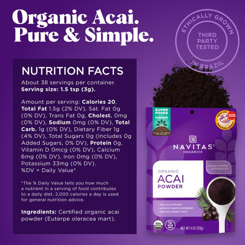 Navitas Organics Acai Powder, 4oz. Bag, Antioxidants, Fiber, Non GMO, Gluten Free, Keto