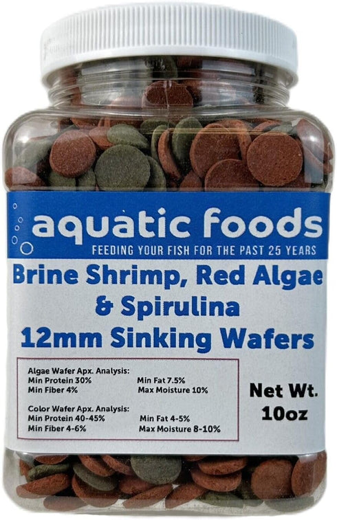 Aquatic Foods Inc. 12mm 1/2" 10oz - Brine Shrimp/Red Algae Color Enhancing & Spirulina/Green Algae Sinking Wafer Mix