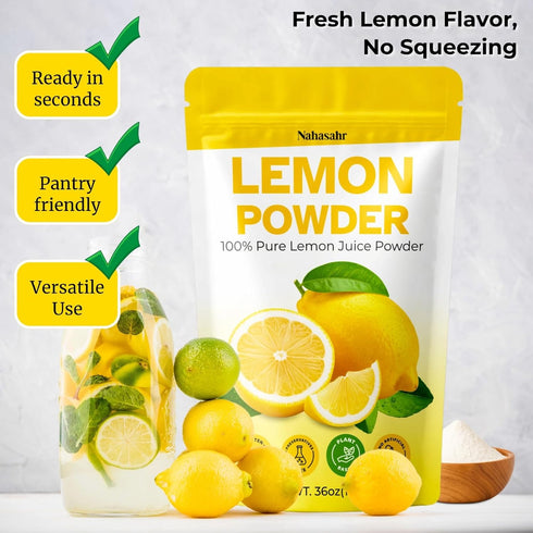 Nahasahr 36 oz 100% Lemon Juice Powder - No Sugar, No Additives, Pure Lemon Powder for Water, Baking & Cooking | Fast