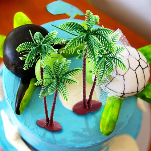 Jovitec 16 Pieces Small Green Palm Tree Cake Topper, 5.5 Inch Hawaiian Tropical Coconut Tree Decorations