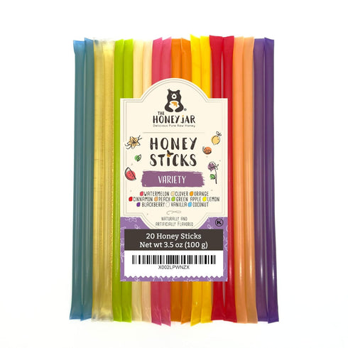 The Honey Jar Variety Pack Honey Sticks, Pure Honey Straws for Tea, Coffee, Healthy Treat - 20 Count