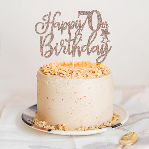 Happy 70th Birthday Cake Topper Rose Gold Glitter, 70th Birthday Cake Decorations for Women, 70th Anniversary Cake