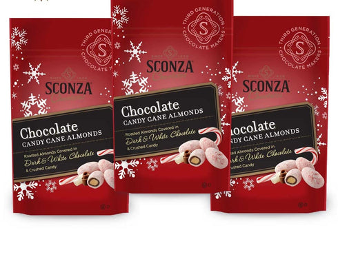 Sconza Chocolate Candy Cane Almonds | Roasted Almonds with Peppermint Candy Crunch |