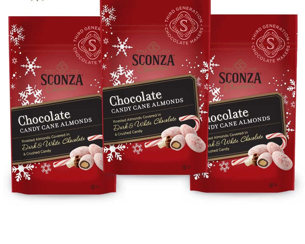 Sconza Chocolate Candy Cane Almonds | Roasted Almonds with Peppermint Candy Crunch |