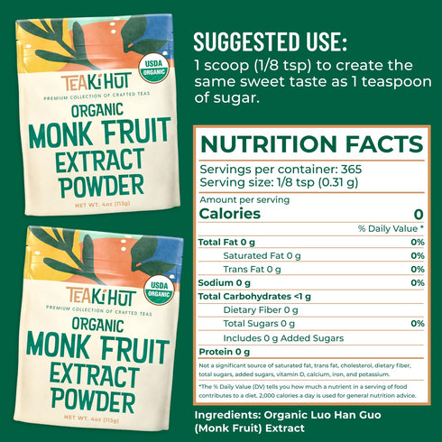 Organic Pure Monk Fruit Sweetener, 4oz, 100% Monk Fruit Extract Powder for Keto and Paleo Diet, Zero Calories