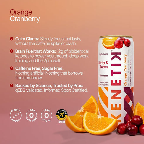 12oz (6-Pack), Kenetik Ketone Focus Drink - Plant-Based D-BHB Bioidentical Ketones for Caffeine-Free Focus & Steady