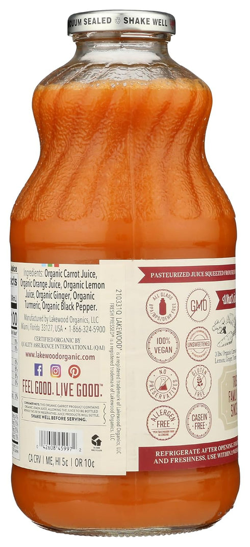 32 Lakewood Organic Carrot Ginger Turmeric Juice, FZ