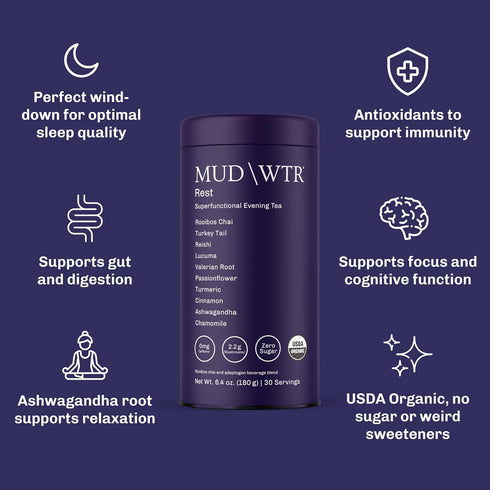 2,240mg 30 MUD\WTR Rest Evening Mushroom Blend Powder | Adaptogenic Mushroom Tea | Sleep Support, Wind Down