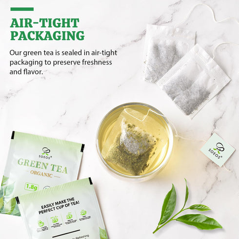 100 (Pack 1), 6.3 Soeos Organic Green Tea, Tea Bags of Caffeinated, Low Caffeine, Fresh and Healthy Green Tea, Ounce