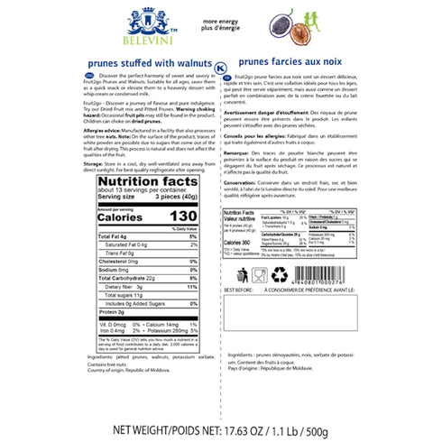 Belevini 17.63 oz (Pack 1) Prunes Stuffed with Walnuts, Kosher, Vegan, No Sugar Added - Natural Healthy Snack,