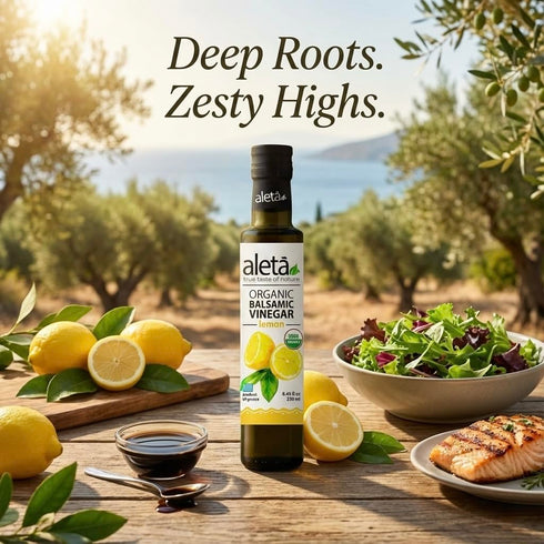 8.45 oz Aleta Farms, Infused Balsamic Vinegar, USDA Organic Greek, Salad Dressings, Pasta, Fish, fl (Lemon)