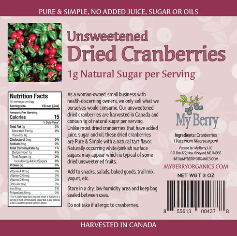 Unsweetened Dried Cranberries, No Added Sugar or Oils, Canadian Grown, 3oz