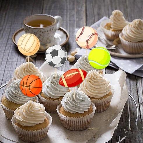 Morndew 24 PCS Sports Fan Cupcake Toppers - Basketball, Baseball, Soccer, Volleyball for Theme Party Decorations