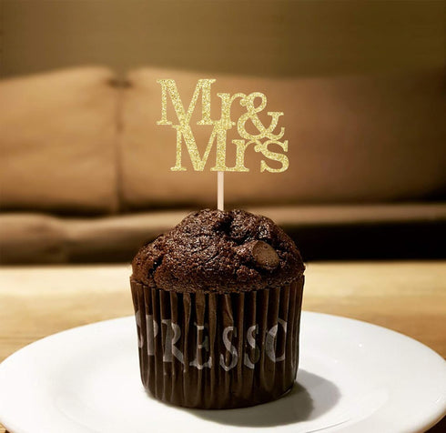 24 Pack Mr & Mrs Cupcake Picks, Gold Glitter Wedding Cupcake Toppers for Bridal Baby Shower Party Supplies