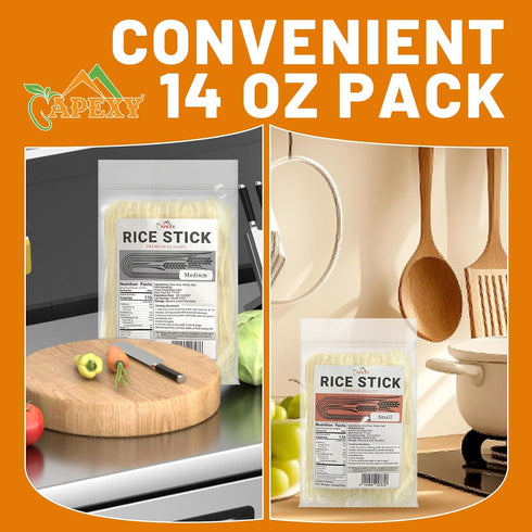 APEXY 14 oz Pack 3 Rice Sticks, of Small Size - Premium Quality Rice Noodles for Stir-Fry, Soup, Pho, Pad Thai, Spring