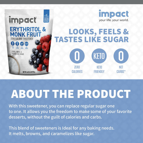 1 1 4lbs Impact White Monk Fruit & Erythritol Sweetener Blend - Gluten Free, Zero Calories, Net Carbs, Keto, Vegan