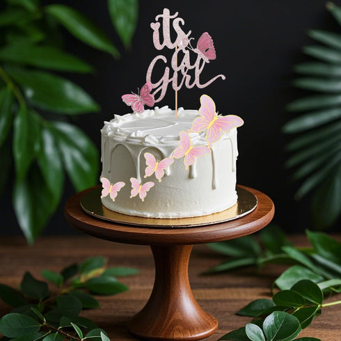ALISSAR New Double Sided Rose Gold Butterfly Baby Shower Cake Topper Set, It's A Girl Cake Topper & 16 Pink Butterflies