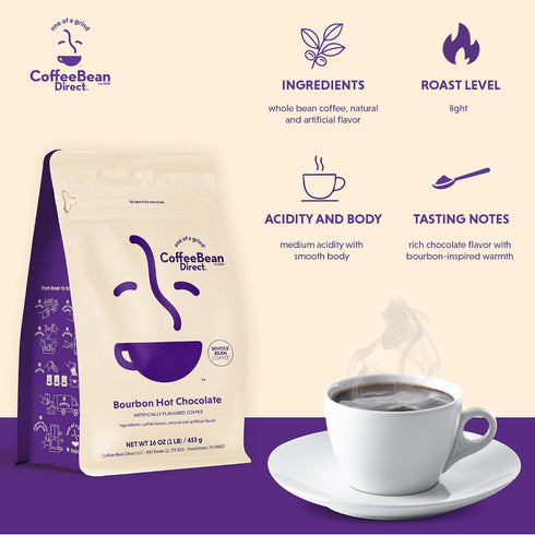 Cozy 1 (Pack 1) Coffee Bean Direct Bourbon Hot Chocolate Flavored, Whole Bean Coffee, & Gourmet Flavored Coffee, Light