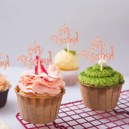 Ercadio 24 Pack Oh Baby Cupcake Toppers Rose Gold Glitter Cake Decorations for Baby Shower Birthday Party