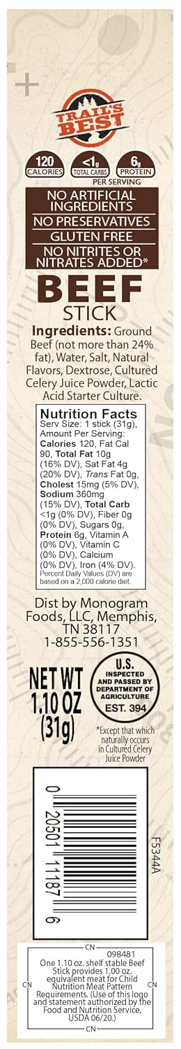 1.1oz 16 Count (6 inch Trail's Best Beef Sticks Tubs sticks made with all beef)