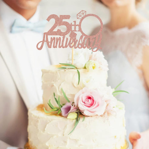Sumerk 25th Anniversary Cake Topper, 13PCS Rose Gold Glitter Decorations Set for Wedding Celebration Party