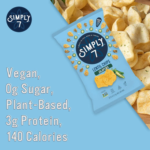 7 4oz (Pack 4) Simply Jalapeo Lentil Chips, of Spicy Gluten-Free Vegan Snack, Protein-Rich Plant-Based Crisps, Non-GMO