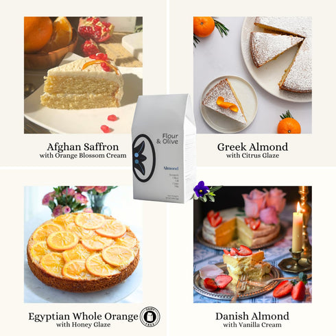 4-Pack Set: Pack Flour & Olive Premium Cake Mix Gift Almond, Chocolate, Ginger, Vanilla | Global Gourmet Artisan Baking