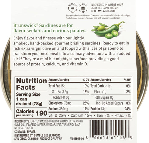 4.23 oz 13g Brunswick Wild Caught Gourmet Brisling Sardines in Extra Virgin Olive Oil Topped with Jalapeno Slices, Can