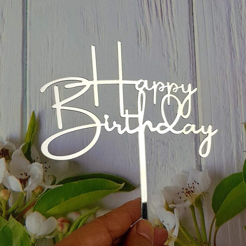 Happy Birthday Cake Topper for Party Decorations - Mirror Silver Acrylic