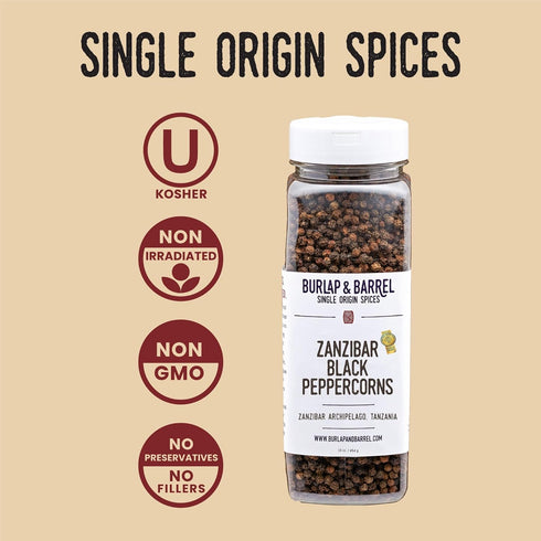 16oz Burlap & Barrel Zanzibar Black Peppercorns Award-Winning, Vine-Ripened Whole Peppercorns with Bright, Lemony