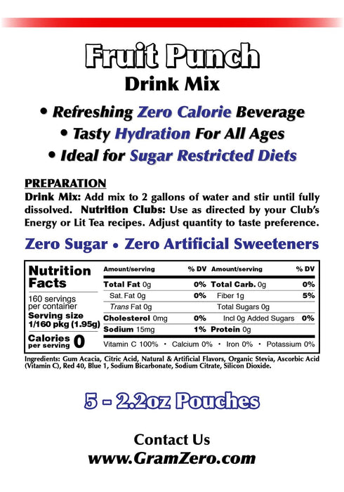Pack, GramZero Fruit Punch Sugar Free Drink Mix Sports Great For Nutrition Club Loaded Teas, Zero Calorie, Stevia